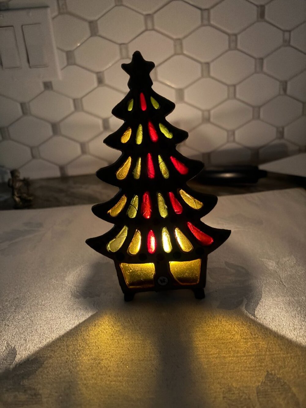 Vintage Heavy Cast Iron Christmas Tree With Colored Glass Insets – Holiday